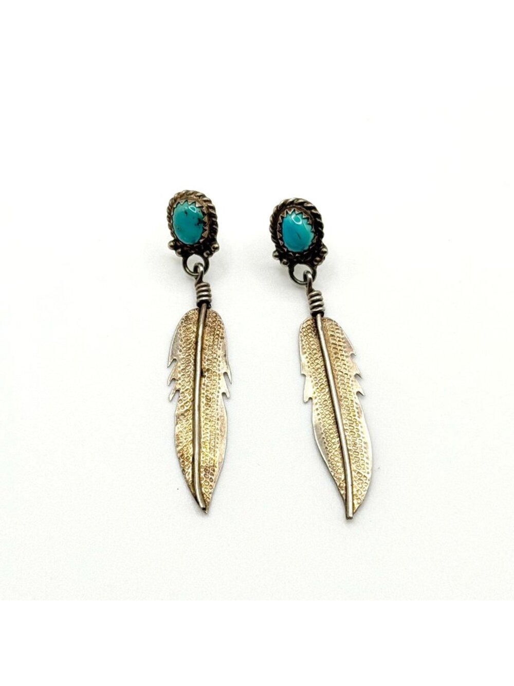 Navajo Style Sterling Silver & Turquoise Feather Dangle Earrings